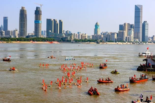 WUHAN, CHINA - JULY 16: Swimmers race across the Yangtze River during the 50th Wuhan Yangtze River Crossing Festival on July 16, 2025 in Wuhan, Hubei Province of China.  Copyright: xChinaxNewsxServicex 111579851758