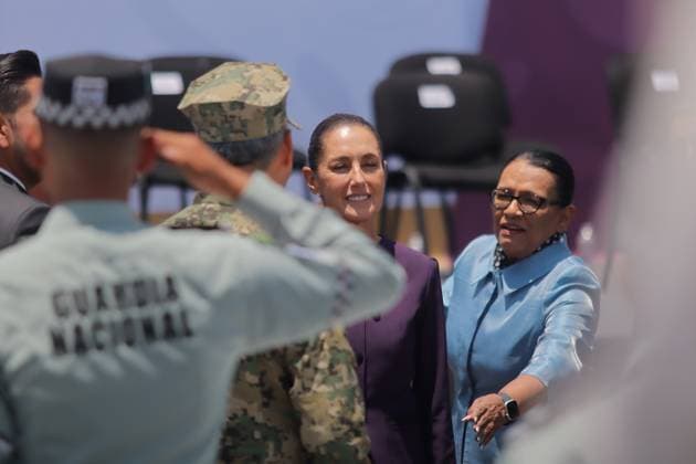 Unified Command East State of Mexico Ceremony Mexico™s President Claudia Sheinbaum Pardo and Mexico™s Minister of the Interior, Rosa Icela Rodriguez during the start-up ceremony of the Unified Command East State of Mexico, at the Unidad Deportiva Ciudad Jardin. on July 16, 2025 in Nezahualcoyotl, Mexico. (Photo by Carlos Santiago Eyepix Group) Copyright: xCarlosxSantiagox xEyepixxGroupx CS_16072025_161759