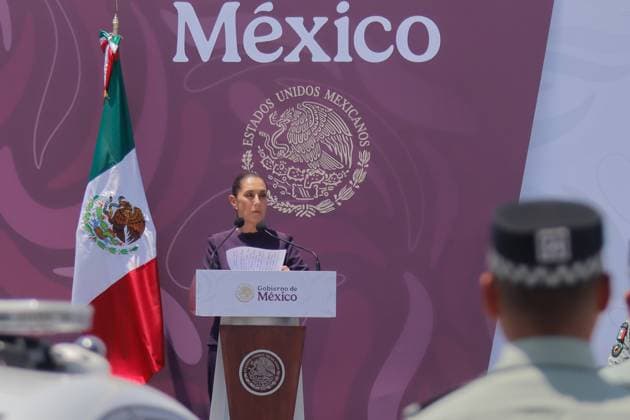 Unified Command East State of Mexico Ceremony Mexico™s President Claudia Sheinbaum Pardo speaks during the start-up ceremony of the Unified Command East State of Mexico, at the Unidad Deportiva Ciudad Jardin. on July 16, 2025 in Nezahualcoyotl, Mexico. (Photo by Carlos Santiago Eyepix Group) Copyright: xCarlosxSantiagox xEyepixxGroupx CS_16072025_161769