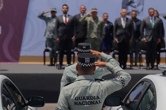 Unified Command East State of Mexico Ceremony A member of the National Guard is seen during the start-up ceremony of the Unified Command East State of Mexico, at the Unidad Deportiva Ciudad Jardin. on July 16, 2025 in Nezahualcoyotl, Mexico. (Photo by Carlos Santiago Eyepix Group) Copyright: xCarlosxSantiagox xEyepixxGroupx CS_16072025_161772