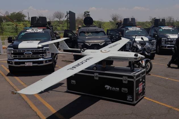 A National Guard drone is seen during the start-up ceremony of the Unified Command East State of Mexico, at the Unidad Deportiva Ciudad Jardin. on July 16, 2025 in Nezahualcoyotl, Mexico. Nezahualcoyotl City Mexico - ZUMAe321 20250716_zia_e321_040 Copyright: xCarlosxSantiagox