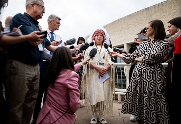 July 17, 2025, Gatineau, Qc, Canada: Assembly of First Nations Chief Cindy Woodhouse Nepinak speaks during the First Nations Summit at the Canadian Museum of History in Gatineau, Que., on Thursday, July 17, 2025. Gatineau Canada  - ZUMAc35_ 20250717_zaf_c35_016 Copyright: xSpencerxColbyx