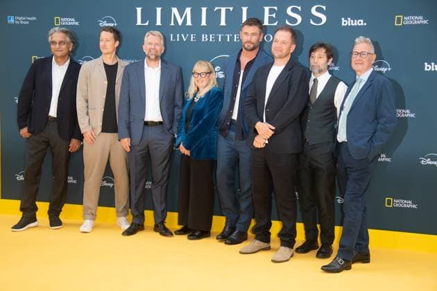 Limitless: Live Better Now Season 2 UK Premiere Arrivals at Odeon Luxe, Leicester Square, London, UK (L-R) - Arif Nurmohamed, Greg Vince, Brandon Hill, Jane Root, Chris Hemsworth, guest, Ari Handel, Pete Lovering attends the UK Premiere of Limitless: Live Better Now Season 2 at Odeon Luxe, Leicester Square, London, England, UK on Thursday 17 July, 2025., Credit:Justin Ng Avalon UK, England, London, Odeon Luxe, Leicester Square Copyright: xJustinxNgx xAvalonx 1022869954