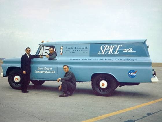 November 1, 1964 - Cleveland, Ohio, USA - In this Nov. 1, 1964, image, three members of s Lewis Research Center s (now s Glenn Research Center in Cleveland) Educational Services Office pose with one of the center s Spacemobile space science demonstration units. Once the NACA (National Advisory Committee for Aeronautics) became , public outreach became one of the agency s core tenets. Lewis, which had previously been a closed laboratory, began hosting open houses and elaborate space fairs in the early 1960s. Cleveland USA - ZUMAz03_ 19641101_shc_z03_770 Copyright: xNASAx