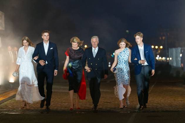 Princess Eleonore, Prince Gabriel, Queen Mathilde of Belgium, King Philippe - Filip of Belgium, Crown Princess Elisabeth, Prince Emmanuel and pictured arriving at a concert and show with fireworks, laser and drones, at the end of the celebrations on the Belgian National Day, Monday 21 July 2025 in the Parc du Cinquantenaire - Jubelpark. MARIUS BURGELMAN  MariusxBurgelman 129731105