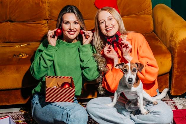 Friends with dog exchanging gifts in festive living room interior model released, Symbolfoto property released, VSNF03612