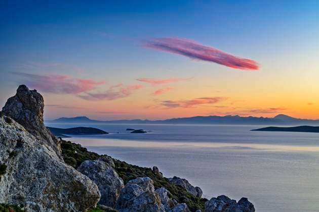 Sunset over bay of Kalamitsa on island of Skyros in Greece, ANSF01475