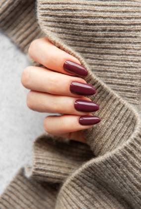 Stilvolle Hand mit burgunderroten, mandelförmigen Nägeln vor einem gemütlichen Hintergrund aus Strickpullover im Herbst A hand featuring elegant burgundy almond-shaped nails rests against a soft, knitted sweater, showcasing a trendy fall look that combines fashion and comfort. (License=RF) Copyright: xZoonar.com OlenaxRudox 23749622