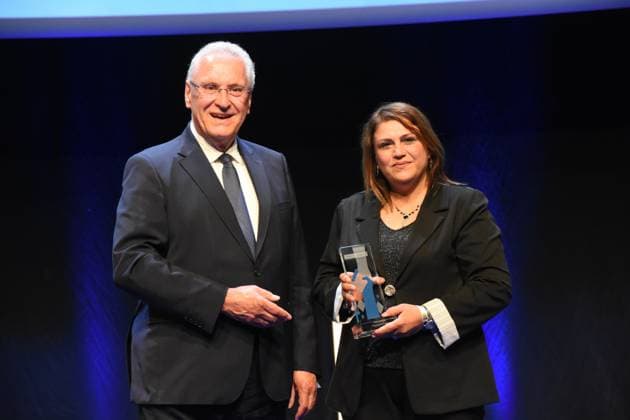 Joachim Herrmann Minister of the Interior Laudator with prizewinner Special Prize of the Minister of the Interior Mufida Khalil Interreligious Womens Breakfast under the Roof of the Bridge Koeprue Nuremberg Munich 26 07 2025 Auditorium of BMW Welt,Bavarias Minister of the Interior Joachim Herrmann awards the Bavarian Commitment Prize 2025 for extraordinary a