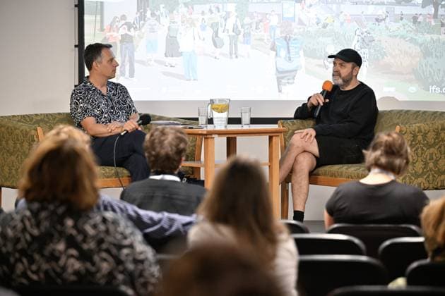 Lukas Moodysson, Swedish poet, novelist, film director and non-conformist, one of the most prominent personalities of the local culture in general, gives film lessons within the 51st Summer Film School in Uherske Hradiste, Czech Republic, July 27, 2025. On the left is the moderator Pavel Sladky. (CTKxPhoto DaliborxGluck) CTKPhotoP2025072703995  CTKPhotoP2025072703995