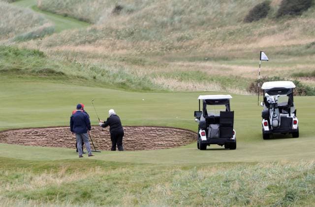 American President Donald Trump plays golf at Turnberry Golf Club, Ayrshire in Scotland on Sunday, July 27, 2025. Trump is on a four day visit to Scotland where he will be playing golf and meeting International leaders for trade discussions.  LON2025072719 HUGOxPHILPOTT