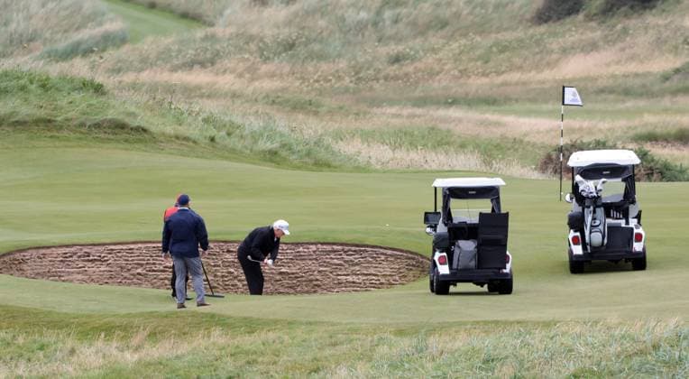 American President Donald Trump plays golf at Turnberry Golf Club, Ayrshire in Scotland on Sunday, July 27, 2025. Trump is on a four day visit to Scotland where he will be playing golf and meeting International leaders for trade discussions.  LON2025072708a HUGOxPHILPOTT