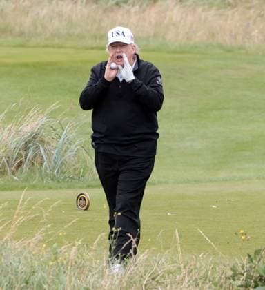 American President Donald Trump during his round of golf at Turnberry Golf Club, Ayrshire in Scotland on Sunday, July 27, 2025. Trump is on a four day visit to Scotland where he will be playing golf and meeting International leaders for trade discussions.  LON2025072729 HUGOxPHILPOTT