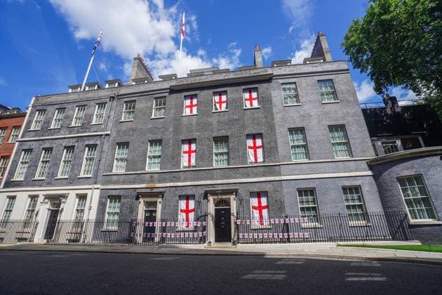 10 Downing Street Decorated With England Flags to celebrate Lionesses Euro 2025 Victory, London, 28 July 2025 London 28 July 2025. The facade of 10 Downing Street is decorated With England flags and bunting after the England women football team, the Lionesses victory against Spain at the Euro 2025 championships in Basel Switzerland on Sunday 27 July, Credit:Amer Ghazzal Avalon  Copyright: xAmerxGhazzalx xAvalonx 1026273654