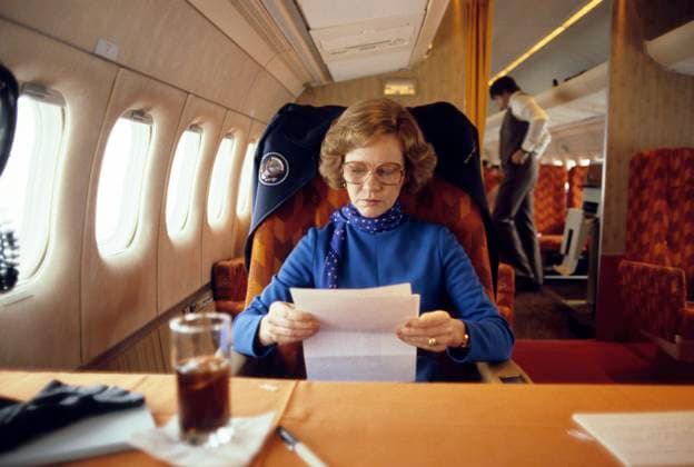 Rosalynn Carter February 12, 1980, Concord, New Hampshire, USA; First-Lady ROSALYNN CARTER aboard airplane in route to New Hampshire. Copyright: xArthurxGracex