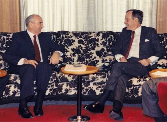Bush meets Gorbachev at Malta December 2, 1989, USA: United States President George H.W. Bush, right, and General Secretary of the Communist Party of the Soviet Union (CPSU) Mikhail Gorbachev, left, meet aboard the Maksim Gorkiy at Malta during an international summit on December 2, 1989..Mandatory Credit: David Valdez White House via CNP Copyright: xDavidxValdezx