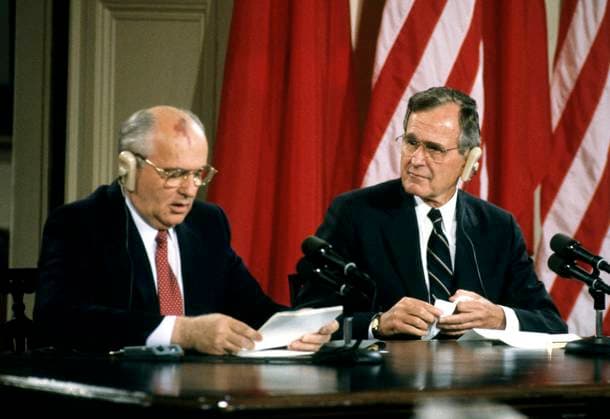 Bush Meets Gorbachev June 3, 1990, Washington, District of Columbia, USA: United States President George H.W. Bush, right, and President Mikhail Gorbachev of the Union of Soviet Socialist Republics, left, hold a joint press conference at the conclusion of their summit in the East Room of the White House in Washington, DC on Sunday, June 3, 1990 Copyright: xRonxSachsx