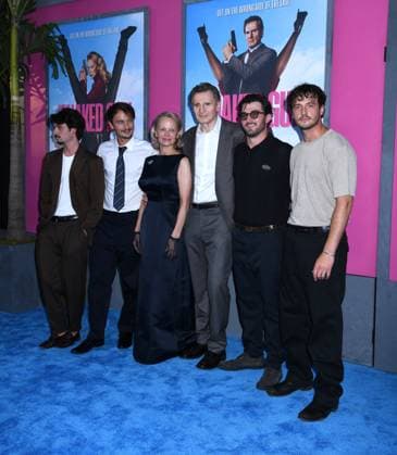 July 28, 2025, New York, Ny, United States: Dylan Jagger Lee, Brandon Thomas Lee, Pamela Anderson, Liam Neeson, Daniel Neeson and Micheal Neeson attend the US Premiere of The Naked Gun at SVA Theater in New York. July 28, 2025. New York United States - ZUMAp281 20250728_zea_p281_026 Copyright: xPhotoxImagexPressx