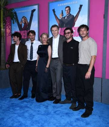 July 28, 2025, New York, Ny, United States: Dylan Jagger Lee, Brandon Thomas Lee, Pamela Anderson, Liam Neeson, Daniel Neeson and Micheal Neeson attend the US Premiere of The Naked Gun at SVA Theater in New York. July 28, 2025. New York United States - ZUMAp281 20250728_zea_p281_027 Copyright: xPhotoxImagexPressx