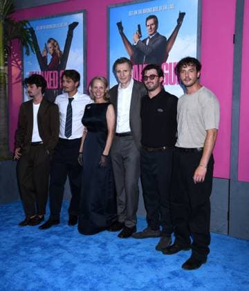 July 28, 2025, New York, Ny, United States: Dylan Jagger Lee, Brandon Thomas Lee, Pamela Anderson, Liam Neeson, Daniel Neeson and Micheal Neeson attend the US Premiere of The Naked Gun at SVA Theater in New York. July 28, 2025. New York United States - ZUMAp281 20250728_zea_p281_032 Copyright: xPhotoxImagexPressx