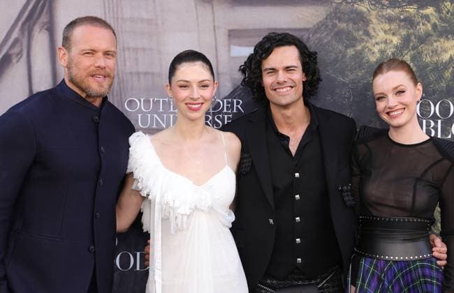 28 July 2025 . Los Angeles, California - Sam Heughan, Hermione Corfield, Jamie Roy, Harriet Slater At Outlander: Blood of my Blood Premiere Event held at DGA Theater Complex in Los Angeles. Los Angeles USA - ZUMAa123 20250728_zaa_a123_053 Copyright: xFSx