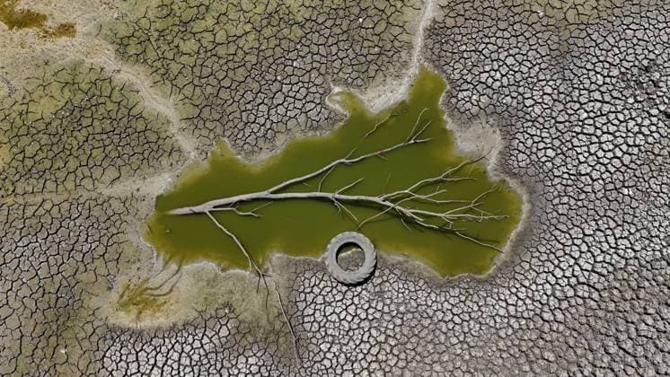Bilder des Jahres 2025, News 07 Juli News Bilder des Tages Drought Dries Up Musellim Pond in Turkiye KIRKLARELI, TURKIYE - JULY 29: An aerial view shows dead fish and cracked earth as the water level drops at Musellim Pond, which is used by grazing animals, following severe drought and extreme heat in Babaeski district of Kirklareli, Turkiye, on July 29, 2025. Ozgun Tiran Anadolu Kirklareli Turkey. Editorial use only. Please get in touch for any other usage.  Copyright: x2025xAnadoluxOzgunxTiranx