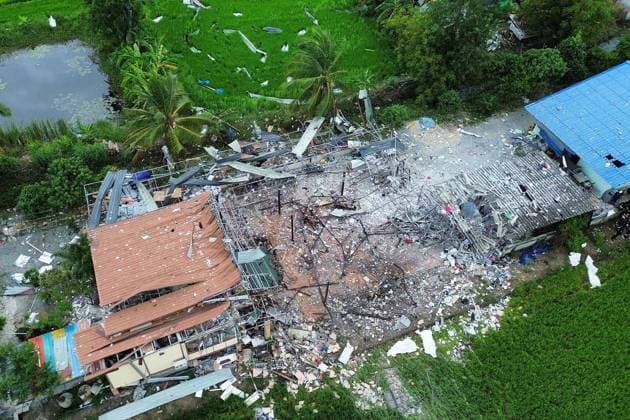 (250730) -- SUPHAN BURI, July 30, 2025 -- This photo taken on July 30, 2025 shows an explosion site at a firework factory in Suphan Buri province, Thailand. A firework factory explosion in central Thailand s Suphan Buri province on Wednesday has caused multiple casualties, officials said. The provincial public relations department said the initial tally showed 10 people were involved in the incidents. Local media reported that at least nine were killed. (SpotNews)THAILAND-SUPHAN BURI-FIREWORK FACTORY-EXPLOSION SunxWeitong 