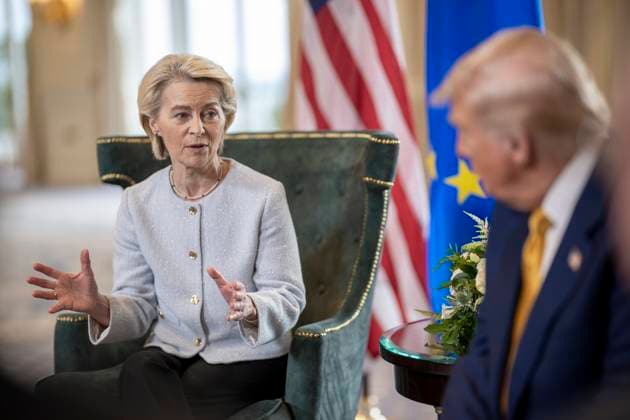 July 27, 2025, Turnberry, Scotland, UK:President Donald J. Trump participates in a Bilateral with the President of the European Commission Ursula von der Leyen at the Trump Turnberry golf course in Turnberry, Scotland, Friday, July 27, 2025. Turnberry UK - ZUMAz03_ 20250727_shc_z03_080 Copyright: xWhitexHousex