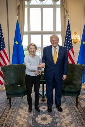 July 27, 2025, Turnberry, Scotland, UK:President Donald J. Trump participates in a Bilateral with the President of the European Commission Ursula von der Leyen at the Trump Turnberry golf course in Turnberry, Scotland, Friday, July 27, 2025. Turnberry UK - ZUMAz03_ 20250727_shc_z03_078 Copyright: xWhitexHousex
