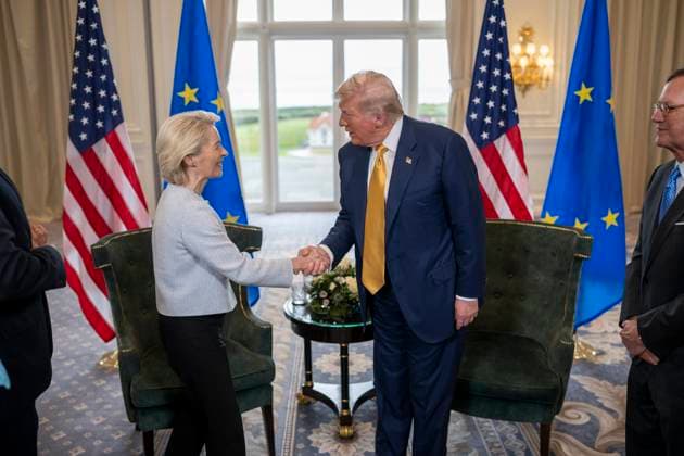 July 27, 2025, Turnberry, Scotland, UK:President Donald J. Trump participates in a Bilateral with the President of the European Commission Ursula von der Leyen at the Trump Turnberry golf course in Turnberry, Scotland, Friday, July 27, 2025. Turnberry UK - ZUMAz03_ 20250727_shc_z03_083 Copyright: xWhitexHousex