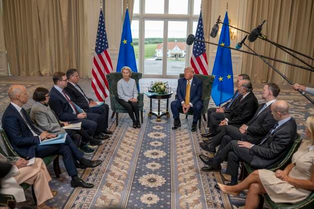 July 27, 2025, Turnberry, Scotland, UK:President Donald J. Trump participates in a Bilateral with the President of the European Commission Ursula von der Leyen at the Trump Turnberry golf course in Turnberry, Scotland, Friday, July 27, 2025. Turnberry UK - ZUMAz03_ 20250727_shc_z03_086 Copyright: xWhitexHousex