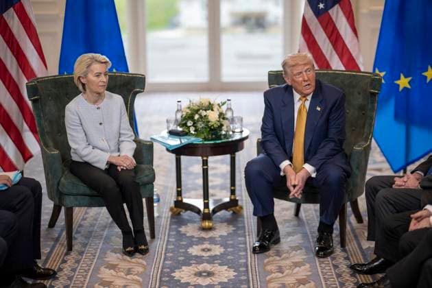 July 27, 2025, Turnberry, Scotland, UK:President Donald J. Trump participates in a Bilateral with the President of the European Commission Ursula von der Leyen at the Trump Turnberry golf course in Turnberry, Scotland, Friday, July 27, 2025. Turnberry UK - ZUMAz03_ 20250727_shc_z03_088 Copyright: xWhitexHousex