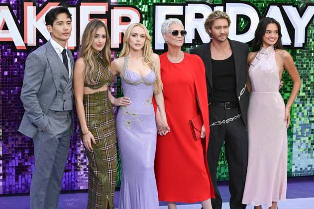 Manny Jacinto, Julia Butters, Lindsay Lohan, Jamie Lee Curtis, Chad Michael Murray and Sophia Hammons at the premiere of the movie Freakier Friday at Odeon Luxe Leicester Square London, 31 07 2025 Foto:xS.xVasx xFuturexImagex friday_5286