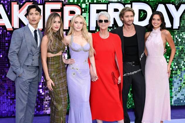 Manny Jacinto, Julia Butters, Lindsay Lohan, Jamie Lee Curtis, Chad Michael Murray and Sophia Hammons at the premiere of the movie Freakier Friday at Odeon Luxe Leicester Square London, 31 07 2025 Foto:xS.xVasx xFuturexImagex friday_5287