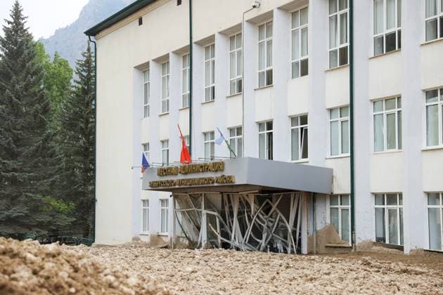 RUSSIA, KABARDINO-BALKAR REPUBLIC - AUGUST 3, 2025: A view of mud by an administration building in aftermath of a mudslide in the town of Tyrnyauz, Kabardino-Balkaria. Valeria Kalugina TASS  82929005