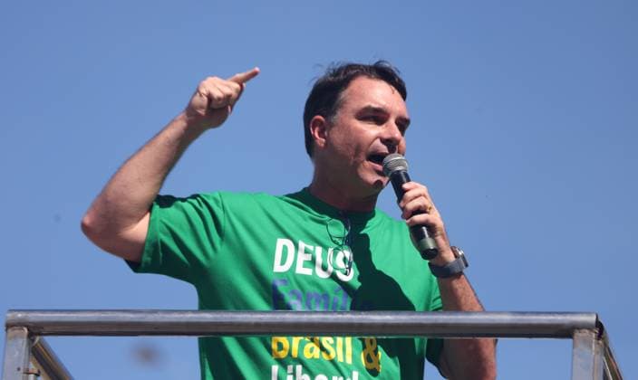 August 3, 2025, Rio De Janeiro, Rio De Janeiro, Brazil: FLAVIO BOLSONARO speaks to thousands of supporters of former Brazil President Jair Bolsonaro who gathered Sunday morning on RioÃ¢â‚¬â ¢s Copacabana waterfront for the Ã¢â‚¬ËœReaja, BrasilÃ¢â‚¬â ¢ (React, Brazil) protest, denouncing political persecution ahead of his upcoming coup attempt trial. Bolsonaro, under court-ordered restrictions, did not appear but phone into his son during the rally. The demonstration aims to regroup his hard-core base amid turbulence, including backlash to sanctions on Donald Trump, LulaÃ¢â‚¬â ¢s rising popularity, and BolsonaroÃ¢â‚¬â ¢s recent legal defeats. Rio De Janeiro Brazil - ZUMAk251 20250803_znp_k251_025 Copyright: xBobxKarpx