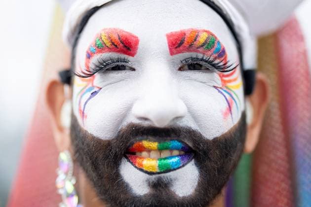 August 3, 2025, Vancouver, Bc, CANADA: A person wears pride makeup during the Vancouver Pride Parade in Vancouver, B.C., Sunday, Aug. 3, 2025. Vancouver CANADA  - ZUMAc35_ 20250803_zaf_c35_141 Copyright: xEthanxCairnsx
