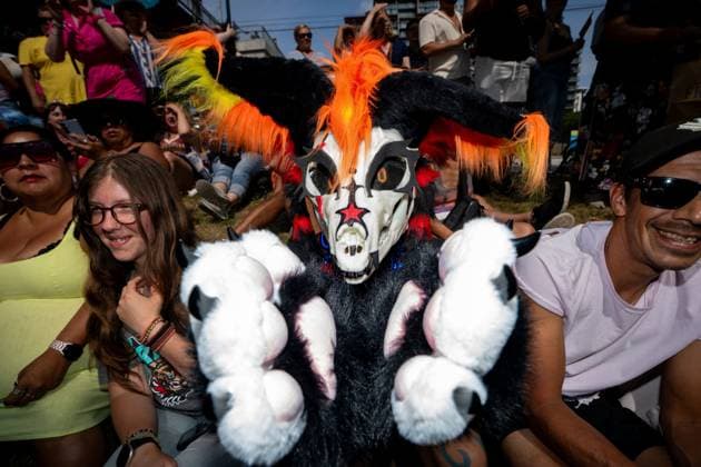 August 3, 2025, Vancouver, Bc, CANADA: A person dressed in a fur suit poses for a photo during the Vancouver Pride Parade in Vancouver, B.C., Sunday, Aug. 3, 2025. Vancouver CANADA  - ZUMAc35_ 20250803_zaf_c35_151 Copyright: xEthanxCairnsx