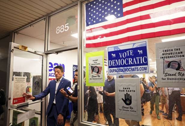 August 3, 2025, Carol Stream, USA: AUGUST 3, 2025, Carol Stream, Illinois, USA: The leader of Texas House Democrats State Rep. GENE WU leaves the DuPage County Illinois Democratic headquarters after a press conference. Texas House of Representatives arrived in suburban Chicago under threat of fines and arrest to deny Republicans the quorum they need to redraw five Texas congressional districts aimed at helping President Donald Trump and the national GOP maintain a U.S. House majority in next yearÃ¢â‚¬â ¢s midterm elections. Carol Stream USA - ZUMAbm6_ 20250803_znp_bm6_006 Copyright: xH.xRickxBammanx