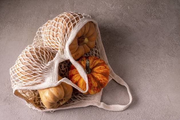 Reife orange und beige Kürbis liegt in einem Netz aus umweltfreundlichem Material auf einem hellen Hintergrund Ripe orange and beige pumpkin lies in a net made of eco-friendly material on a light background Copyright: imageBROKER MarinaxKomrakova ibxtdz14509524.jpg