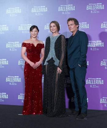 (L-R)Paris 2024 Olympic Games Judo -48kg Gold Medalist Natsumi Tsunoda, actress Ana de Armas and director Len Wiseman pose for camera during the Japan premiere for the film From the World of John Wick: Ballerina in Tokyo, Japan on Thursday, August 7, 2025.  TKP2025080710 KEIZOxMORI