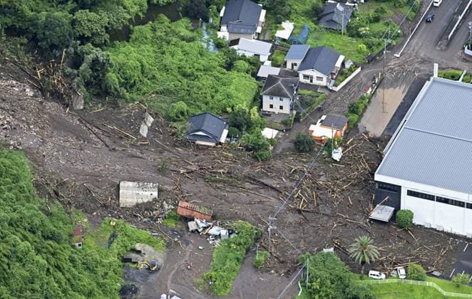 News Themen der Woche KW32 Torrential rain in Kagoshima Pref. Photo taken from a Kyodo News helicopter on Aug. 8, 2025, shows a residential area covered with mud and sand in Kirishima in Kagoshima Prefecture, southwestern Japan, following record-breaking torrential rain.  A14AA0004760519P