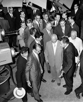 Soviet Premier Nikita Khrushchev and U.S. Vice President Richard M. Nixon pause in front of color television cameras to make a video tape recording before their tour of the American Exhibition at Sokolniki Park, Moscow, Soviet Union, White House Photo Office, July 27, 1959  Copyright: xCircaxImagesx ghi-circa13527