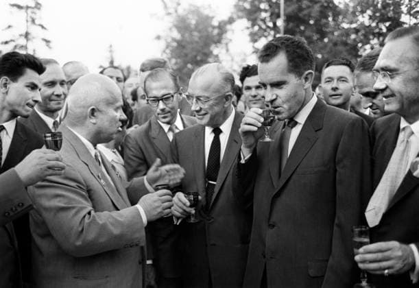 March 3, 2016, Moscow, Russia: U.S. Vice President Richard M. Nixon enjoying a glass of American wine with Soviet Premier Nikita Khrushchev at the American Exhibition in Sokolniki Park, Moscow, Soviet Union, White House Photo Office, July 27, 1959 Moscow Russia - ZUMAg145 20160303_zap_g145_001 Copyright: xJTxVintagex