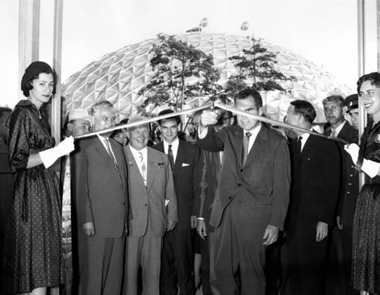 March 3, 2016, Moscow, Russia: U.S. Vice President Richard M. Nixon cutting ceremonial ribbon at the opening of the American Exhibition at Sokolniki Park, as Soviet Premier Nikita Khrushchev, Soviet First Deputy Premier Frol Kozlov, and U.S. Ambassador to the Soviet Union Llewellyn Thompson look on, Moscow, Soviet Union, White House Photo Office, July 27, 1959 Moscow Russia - ZUMAg145 20160303_zap_g145_004 Copyright: xJTxVintagex