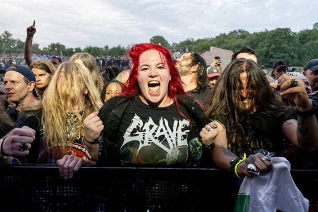 Swedish death metal band Grave fans at the 28th Brutal Assault extreme music festival in Josefov fortress near Jaromer, Nachod district, Hradec Kralove Region, Czech Republic, August 8, 2025. (CTKxPhoto DavidxTanecek) CTKPhotoP2025080806312  CTKPhotoP2025080806312