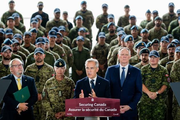 August 8, 2025, Trenton, On, Canada: Prime Minister Mark Carney speaks during a press conference at Canadian Forces Base (CFB) 8 Wing Trenton in Trenton, Ont., on Friday, Aug. 8, 2025. Trenton Canada  - ZUMAc35_ 20250808_zaf_c35_033 Copyright: xSpencerxColbyx