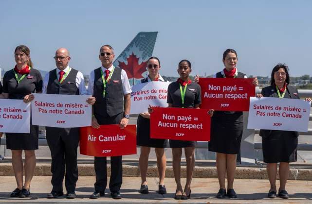 August 11, 2025, Montreal, Pq, CANADA: Air Canada flight attendants hold a silent protest at Montreal-Pierre Elliott Trudeau International Airport in Montreal on Monday, Aug. 11, 2025. Montreal CANADA  - ZUMAc35_ 20250811_zaf_c35_003 Copyright: xChristinnexMuschix