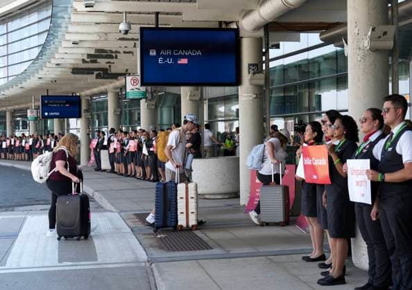 August 11, 2025, Toronto, On, CANADA: Air Canada flight attendants gather for a demonstration in preparation for a possible strike at Pearson International Airport in Toronto, on Monday, Aug. 11, 2025. Toronto CANADA  - ZUMAc35_ 20250811_zaf_c35_013 Copyright: xNathanxDenettex