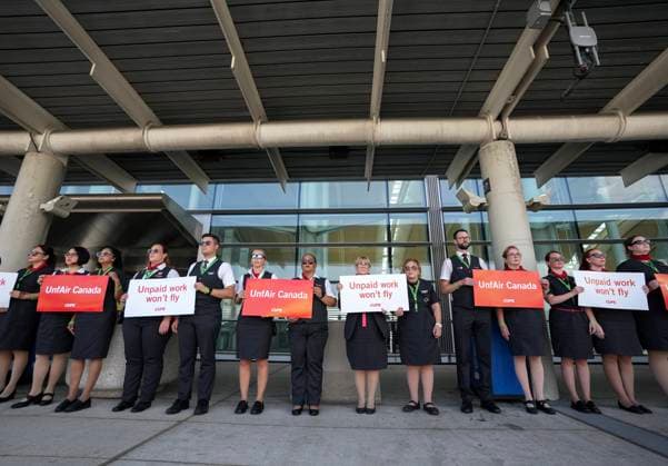 August 11, 2025, Toronto, On, CANADA: Air Canada flight attendants gather for a demonstration in preparation for a possible strike at Pearson International Airport in Toronto, on Monday, Aug. 11, 2025. Toronto CANADA  - ZUMAc35_ 20250811_zaf_c35_016 Copyright: xNathanxDenettex